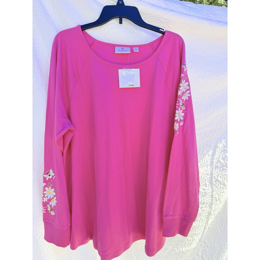 Quacker Factory by Jeanne Bice Womens 2X Pink Floral Scoop Neck LS Beaded TeeNWT